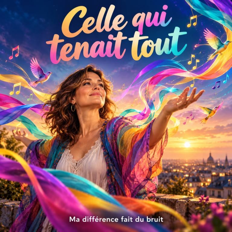 Une femme et des rubans musicaux multicolores qui s’envolent.