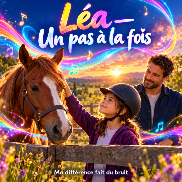 Jeune cavalière auprès d’un cheval, son père à ses côtés.