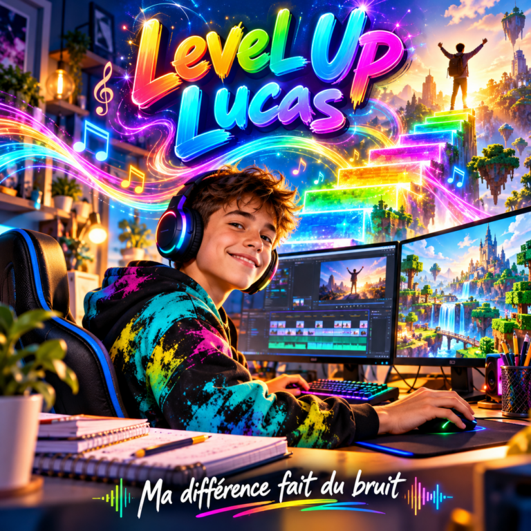 Pochette Level Up Lucas : adolescent gamer et créateur de vidéos dans un univers musical multicolore