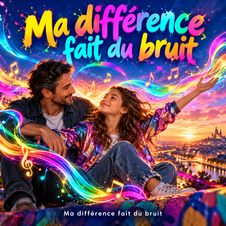 Un père et sa fille entourés de rubans musicaux multicolores.