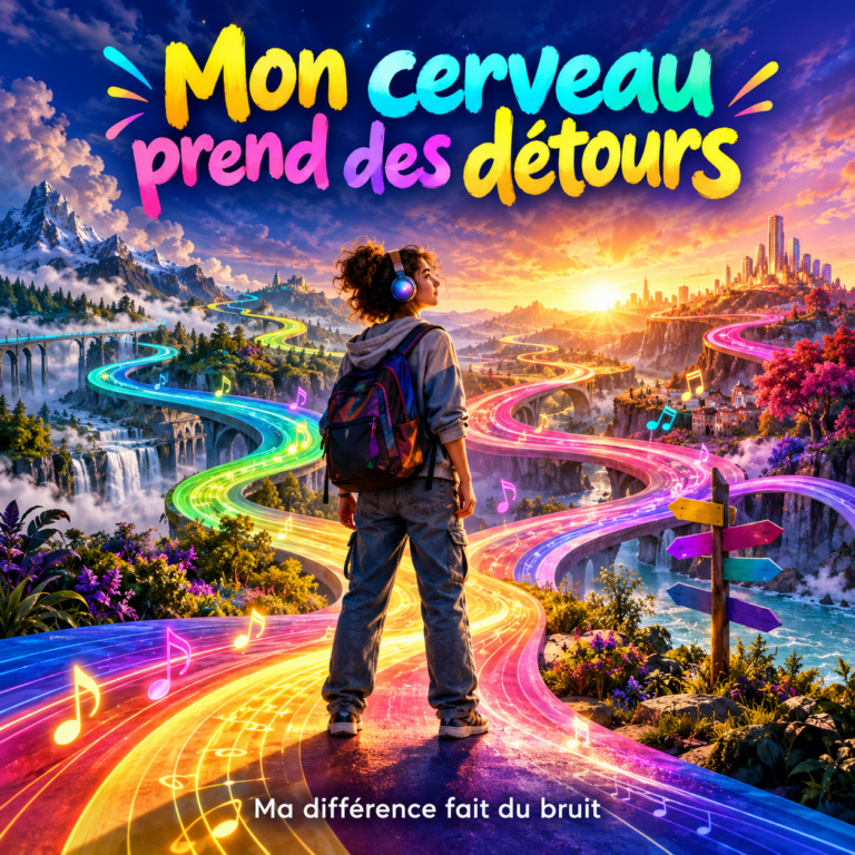 Une jeune personne devant des chemins musicaux multicolores.