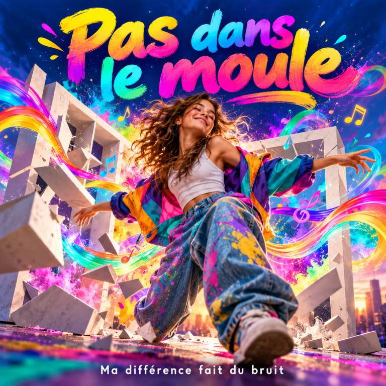 Une adolescente qui danse parmi des formes et des rubans colorés.