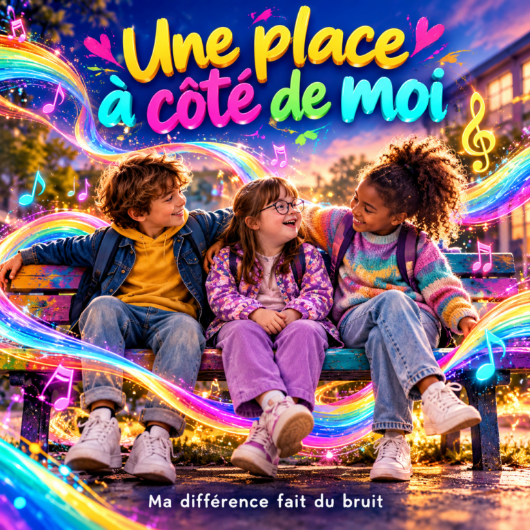 Trois enfants réunis sur un banc dans un univers musical coloré.